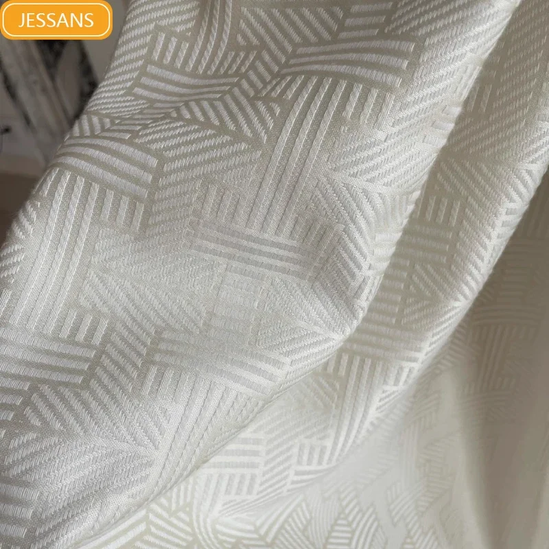 

High-end Pearl Off White Letter Jacquard Thickened Bright Cotton Curtains for Living Room Bedroom French Window Customized
