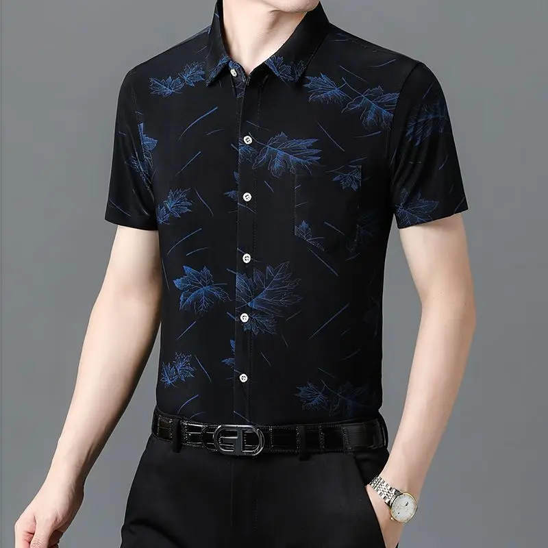 Cárdigan de manga corta con cuello vuelto para hombre, camisa informal Formal con bolsillos y botones, flores y plantas, ropa de verano para novio