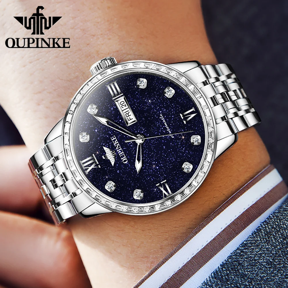 OUPINKE 3241 Men\'s Watch Luxury Brand Diamond Blue Starry Sky Automatic Mechanical Watch Original Waterproof Luminous Men Watch