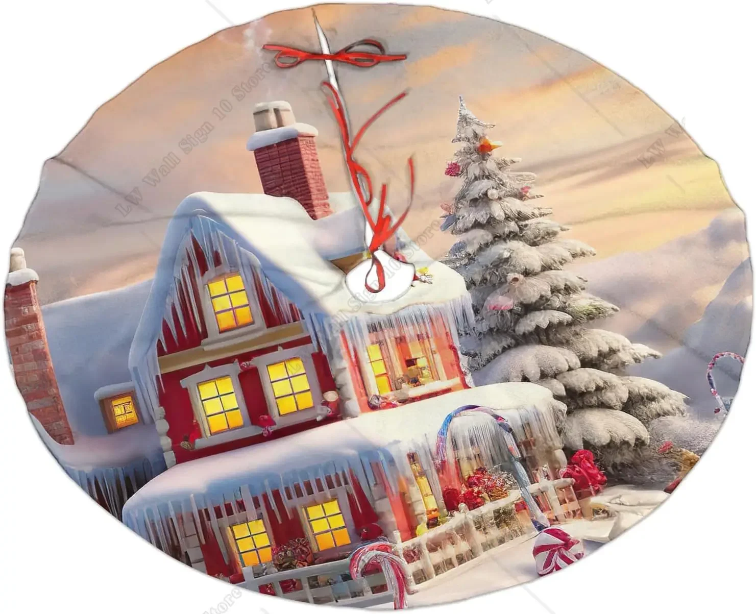 Snow Scenes Christmas House Christmas Tree Skirt Candy Farmhouse Pink Home Camper Tree Skirt Mat for Holiday Xmas Decoration