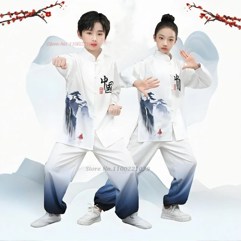 

2025 chinese vintage children wushu shaolin set national ink painting kung fu martial arts training exercise stage performance
