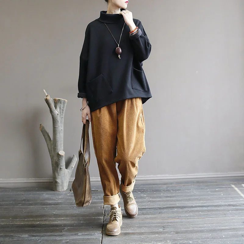 2024 Autumn Women's Long Pants Corduroy Solid Color Radish Pants Elastic Waist Nostalgia Loose Casual Pants Comfortable