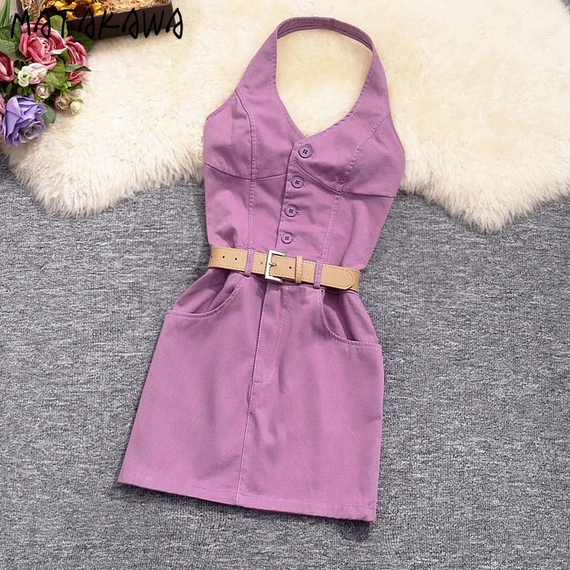 

Matakawa Sexy Bodycon Dresses Women Halter Solid Spring Summer Vintage Mini Dress Korean Fashion Y2k Buttons Vestidos Mujer