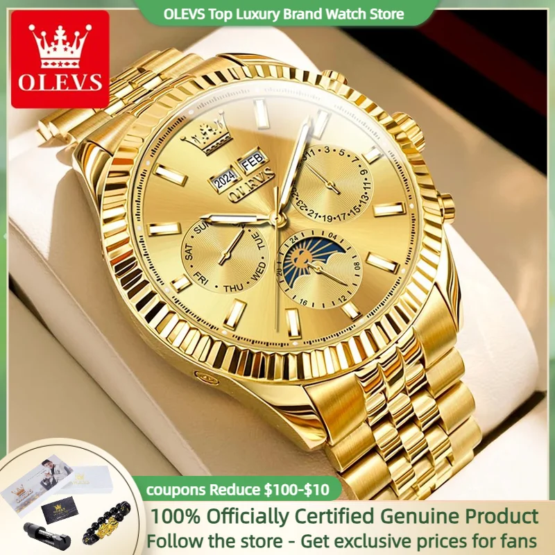 OLEVS Luxury Fully Automatic Mechanical Watch Top Brand Multi functional Gold Calendar Week Waterproof Moon Phase Men's Watch