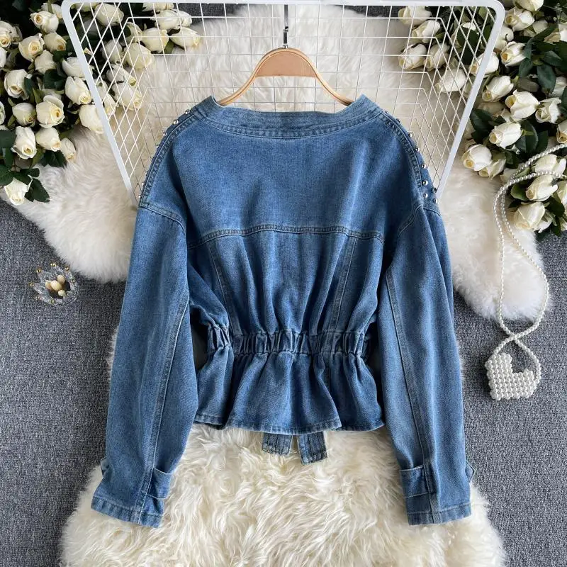 Denim Jacket Women\'s Spring Autumn New Heavy Industry Studded Beaded Loose Joker Short Fashion Long Sleeve Casual ComfortableTop