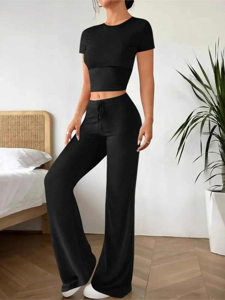 

Slim Fit Pants Set New Casual Sports High Waist Solid Color Pants Short Sleeved T-shirt+pants Two-piece Set For Women