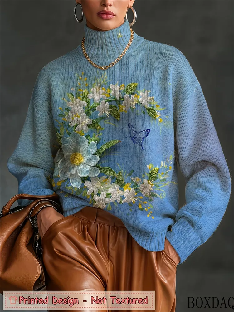 Women Autumn Winter Turtleneck Shirt Elegant Ink Flower Art Floral Print Long Sleeve Loose Blouse Knit Ladies Trendy Casual Tops