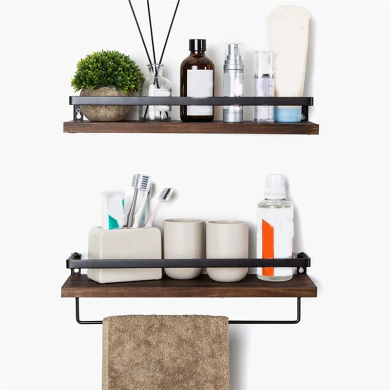 PB-2 Pack Set di mensole da parete in metallo, legno, rustico, galleggiante, portasciugamani da cucina, bagno