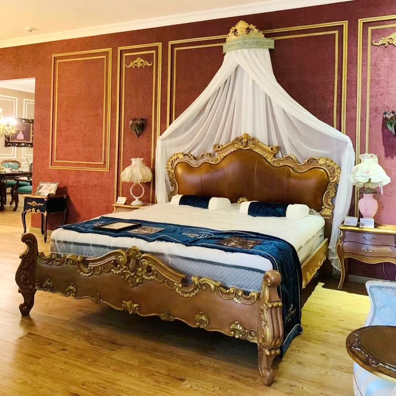 European-style Retro  Style Classical Villa Texture Peach Blossom Core Wood Heavy Industry Carved First Layer Cowhide bed