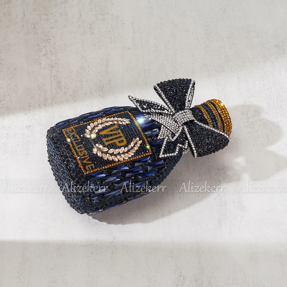 Alizekerr Champagne Bottle Shaped Bow Crystal Evening Bags Women Gorgeous Unique Bling Diamond Metal Clutch Purses Wedding Party