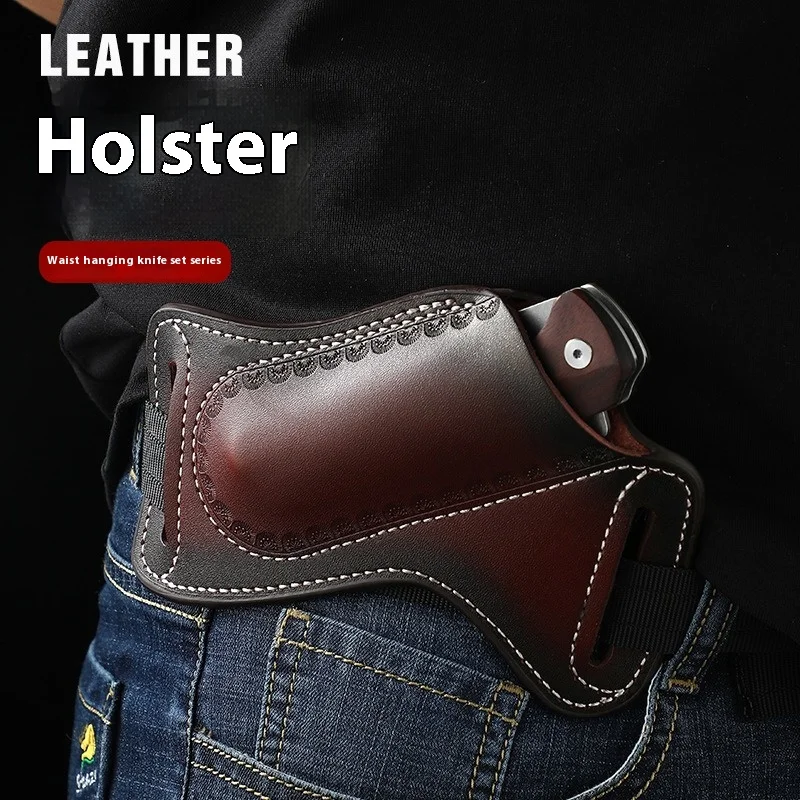 Multifunctional tool tactical storage leather holster, top layer cowhide leather waist bag, folding knife storage case