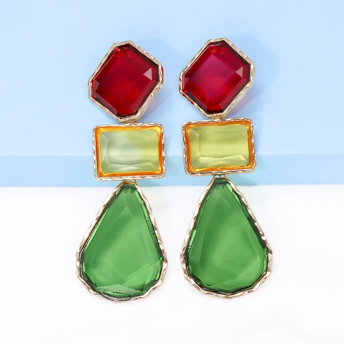 Vintage Cute Candy Color Square Rectangular Drop Link Combination Pendant Large Rhinestone Earrings for Women Retro Earings