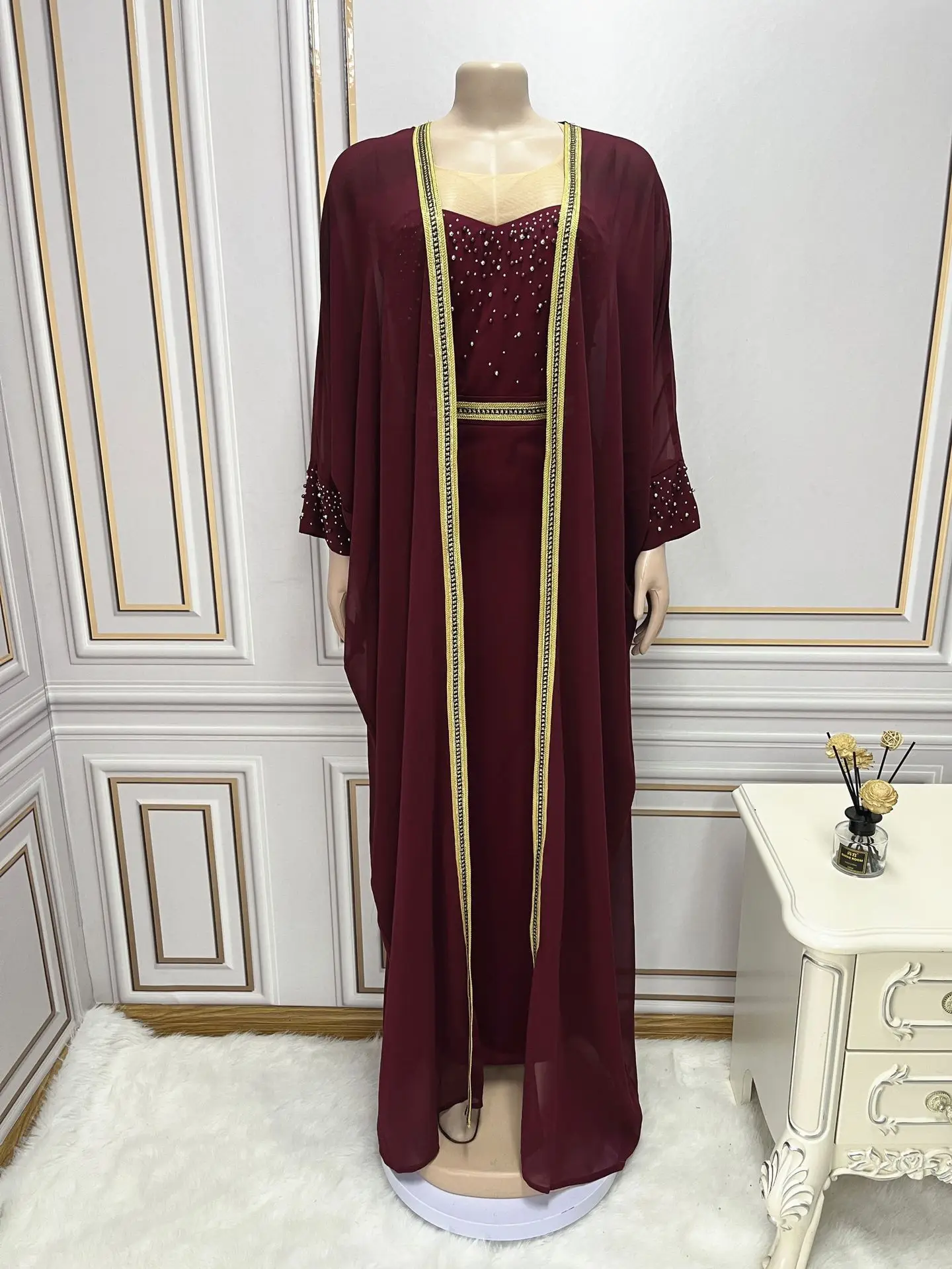 Árabe Abaya Dubai Muçulmano Kaftan Maxi Vestido para Mulheres, Luxo Caftan Marocain Vestidos Longos de Festa Noturna, 2 Pcs Conjuntos, 2024