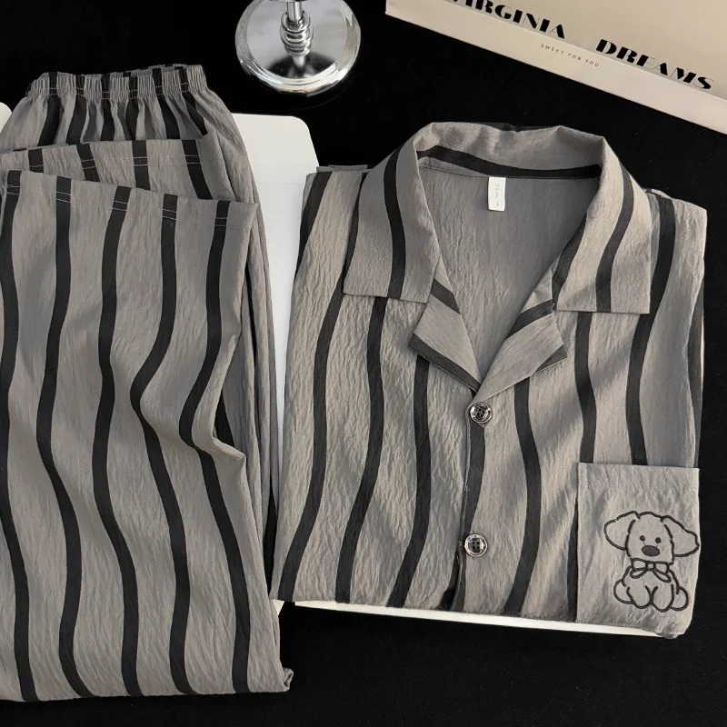 

Men's Stripe Sleepwear Thin Long Sleeve Long Pants Home Clothes Youth Set Autumn Spring Cloud Cotton Home Leisure Suit