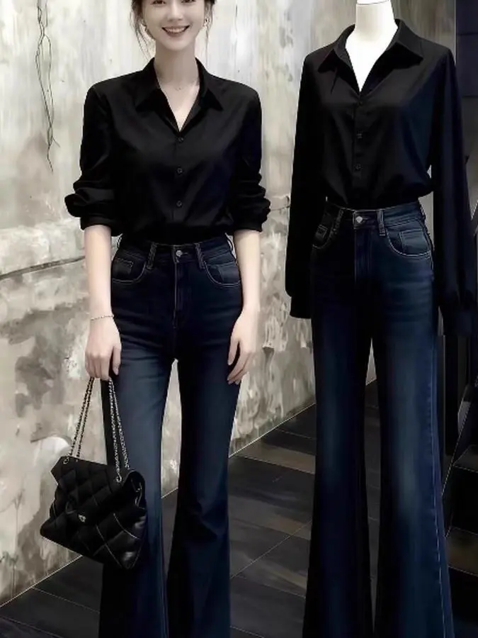 

Black Folded Collar Shirt Women's Autumn High-End Commute Style Versatile Top Loose Fit Long Sleeve Button Detail Shirt