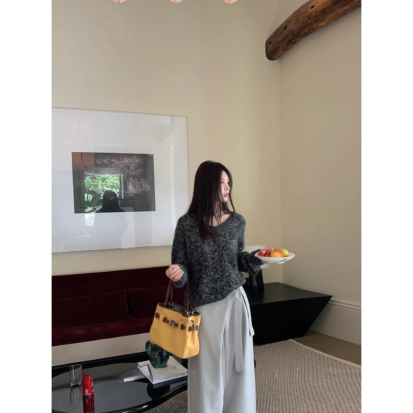 

Black Grey Knitted Loose Women's Sweater round Neck Fleece Soft Slimming Style Commute Fashion Straight Tube Long Sleeve