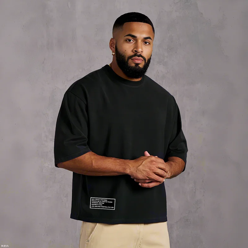 

Oversized Boxy Fit Mens 240g Pure Cotton Dropped Shoulder Loose Fitness Bodybuilding Workout Summer Breathable Printed T-shirt