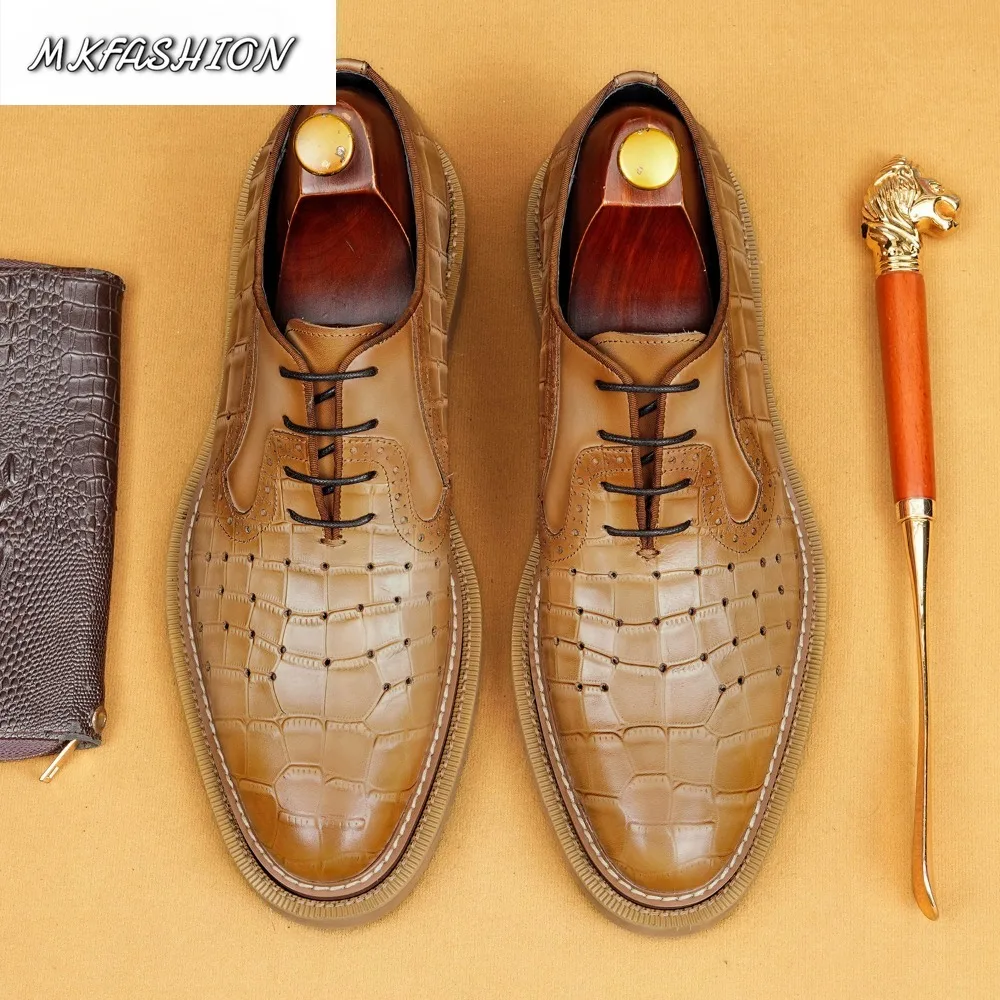 Fashion Men Business Dress Oxford Shoes Crocodile Pattern Embossed Thick Soled Lace Up Flats Footwear