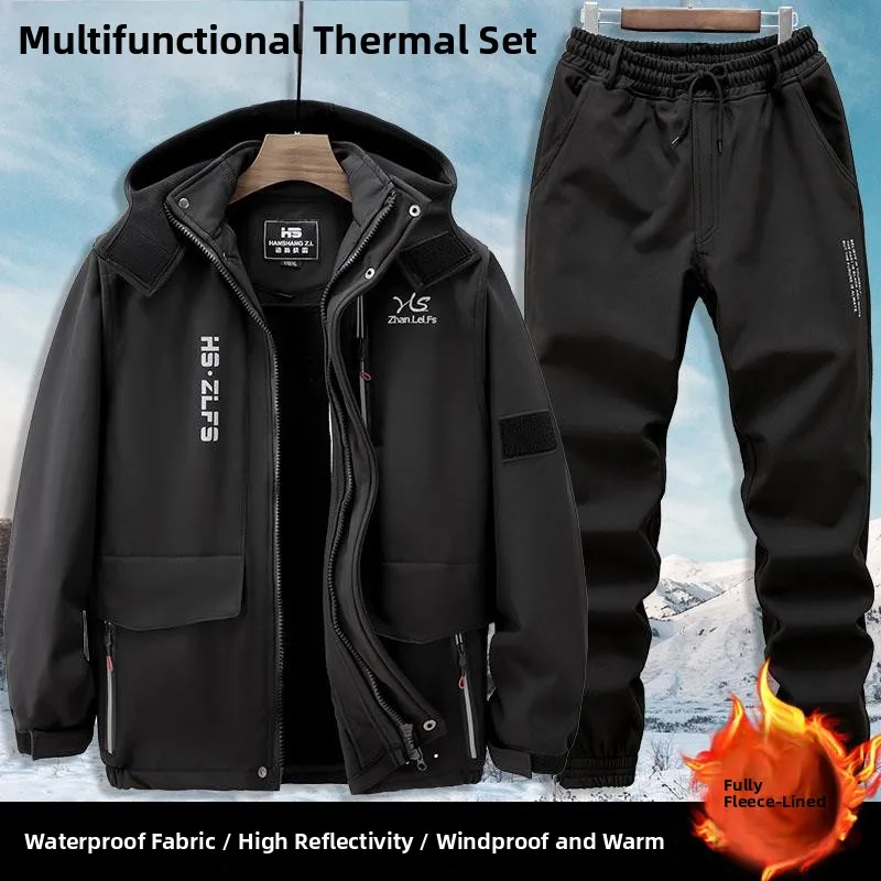 

Men's Fce Lined Thiened Waterproof Outdoor Workwear Coat Hooded Casual Sports Suit Set Warmth Retention Autumn Winter