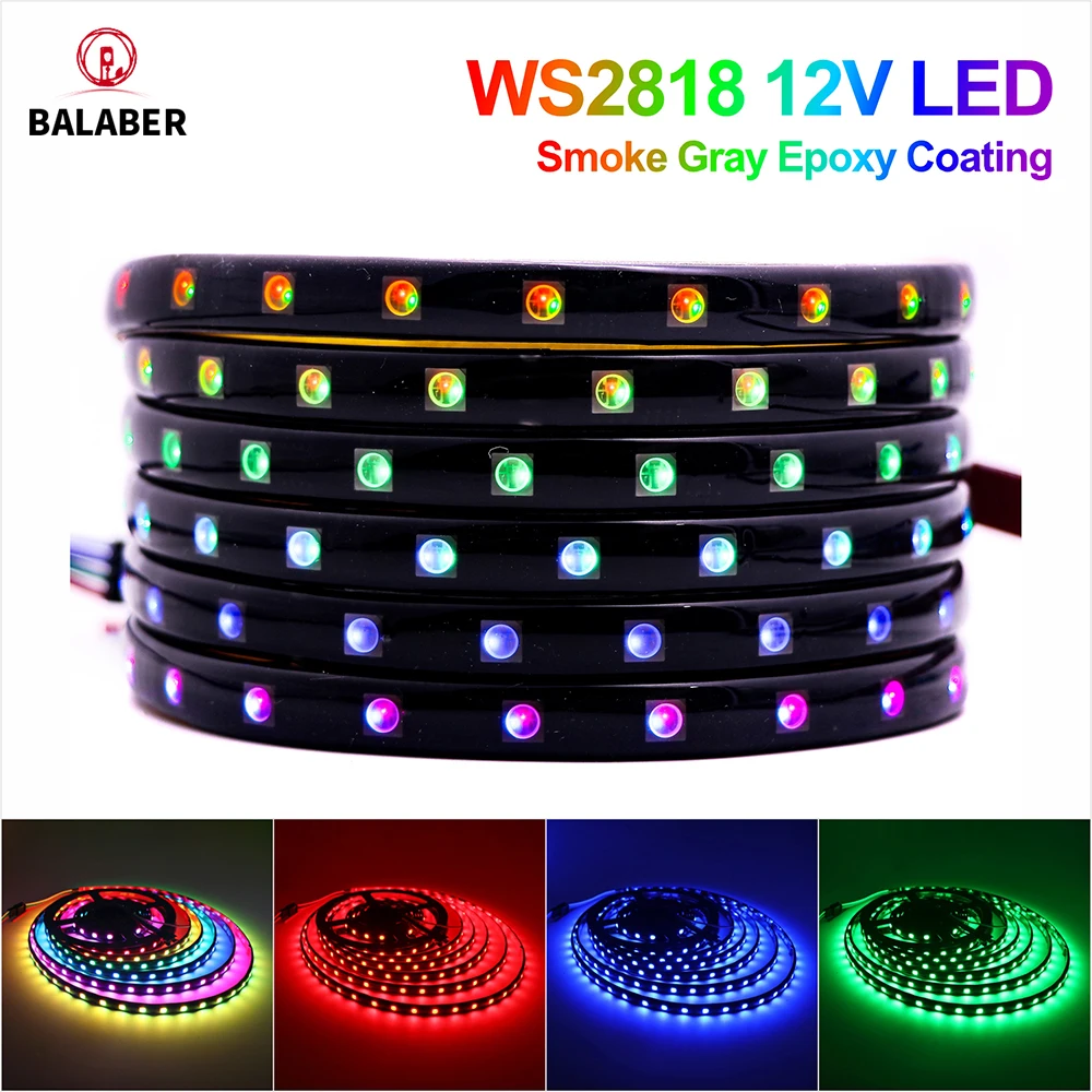 

WS2818 12V 5M RGB LED Strip Light Smoke Gray Epoxy Coating Breakpoint Resume 3M Adhesive DIY Cuttable LED Tape 12V WS2818 Light