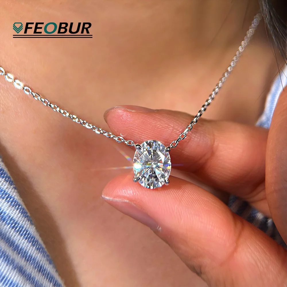 

Certified 1/2/3CT Moissanite Necklace Oval Solitaire Pendant for Women 925 Sterling Silver Lab Diamond Charm Jewelry Gift FEOBUR
