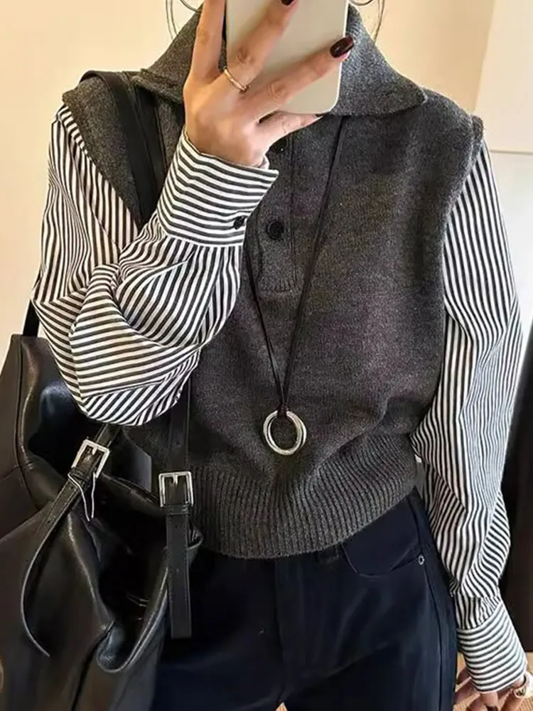 Svel Gestrickte Weste Top Abnehmen Casual Faion Lange Sve Layering Vielseitige Koreanische Sle Pendeln Sle Splicing Design