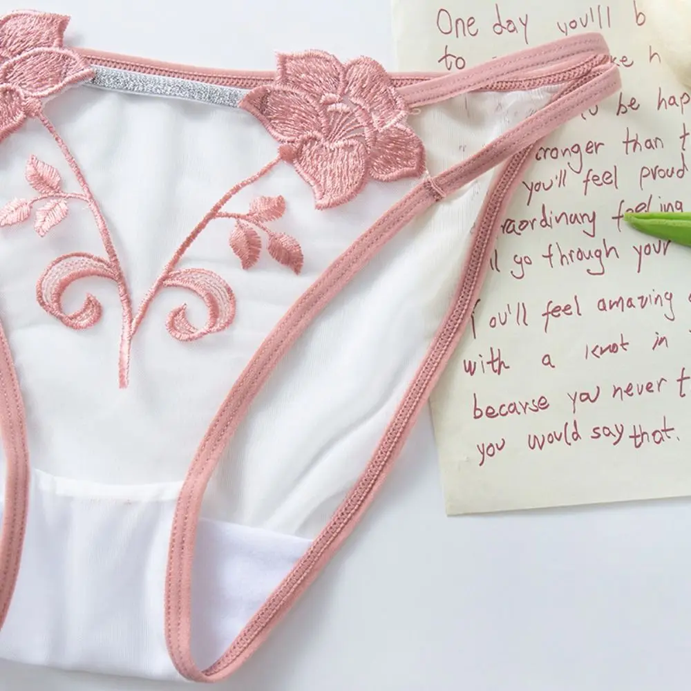 Hollow Out Women's Flower Embroidery Panties Thin Belt Cotton Crotch Mid Waist Mesh Briefs Thong Solid Color