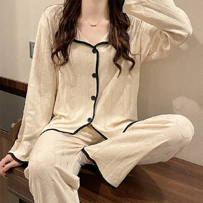 Ms. Korean Version of The Sweet Jacquard Long-sleeved Long Pants Pajamas Home Wear Ms. Loose Lapel Simple Net Red Live Set Women