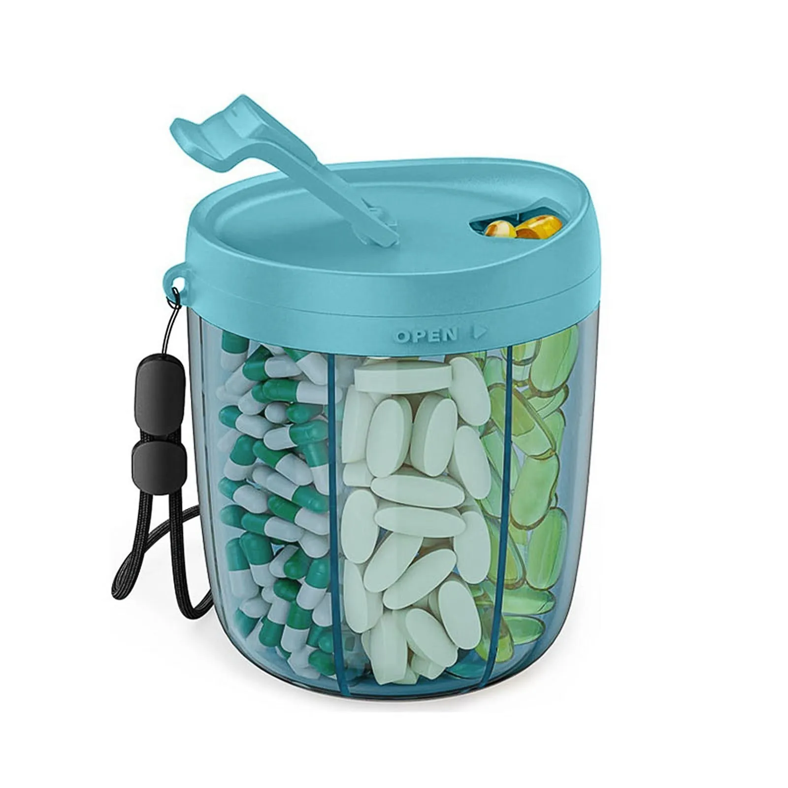 زجاجة توزيع حبوب الدواء ذات سعة كبيرة مع منظم فيتامين 7 مقصورات للسفر والمشي لمسافات طويلة وكوب حاوية حبوب منع الحمل المحمول الخالي من مادة Bpa