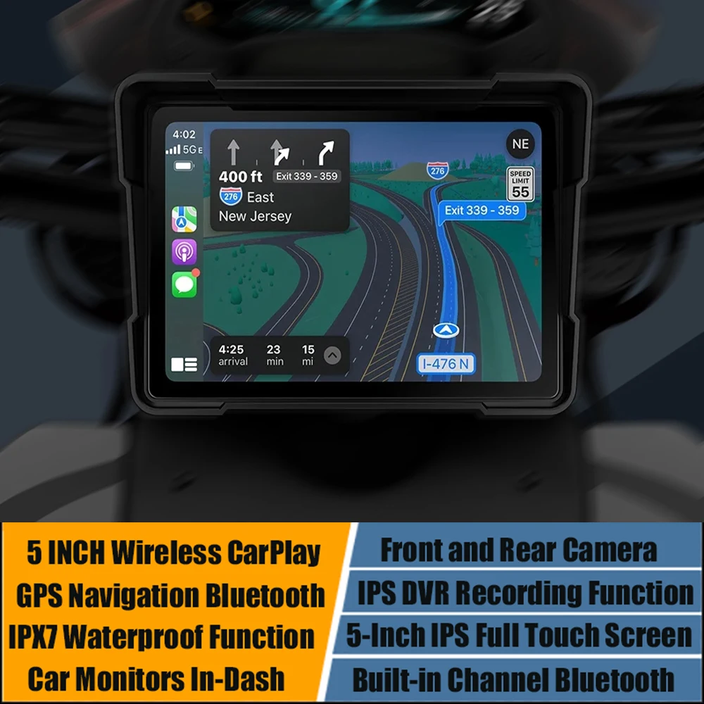 

5Inch Bluetooth Dash Cam Wireless Carplay Android Auto Navigation Motorcycle DVR IPS Front and Rear Camera GPS Full Touch Screen