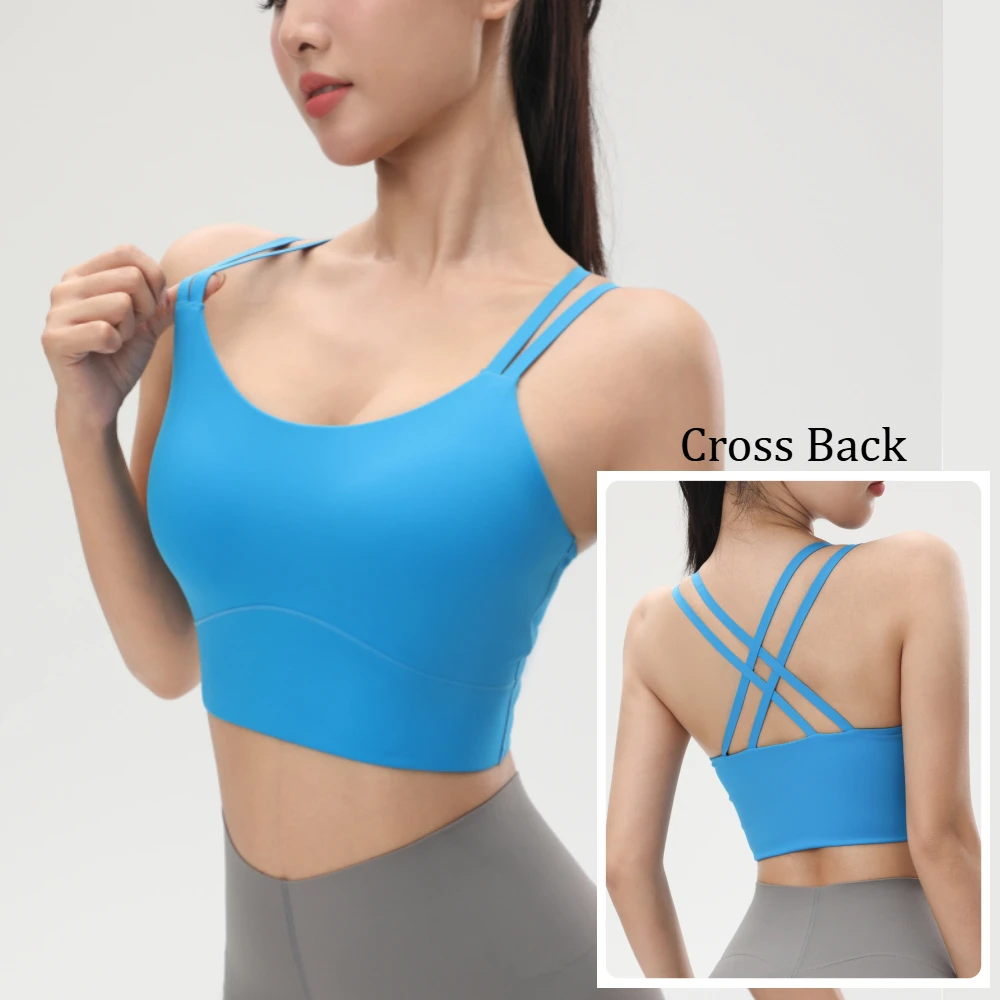 Solid Color Women Cross Back Fitness Sport Bra High Strength Tight Top Comprehensive Training Gym Yoga Underwear with Fixed Pad