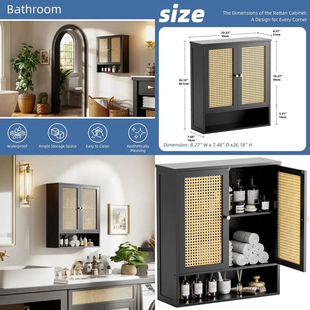 

Over-the-Toilet Bamboo Medicine Cabinet with Rattan Doors and Adjustable Shelf for Small Bathroom Spaces (Black)