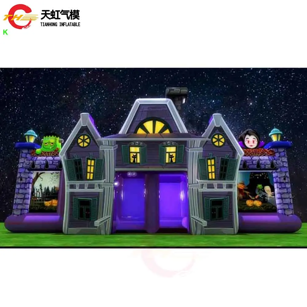 Laberinto embrujado inflable con temática de bruja Horrible de 8x8m Casa embrujada inflable de Halloween con soplador gratis