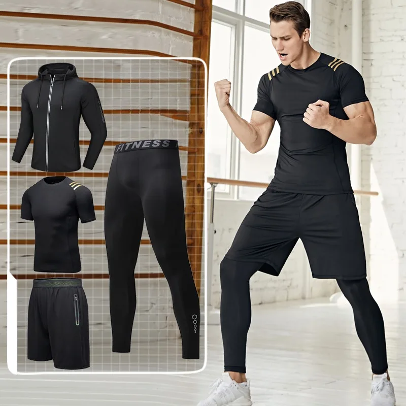 

4pcs Fitness Clothing Set Sportswear Outfit Short Sleeve Top Shorts Leggings Breathable Sweat Absorbent Pockets for Running