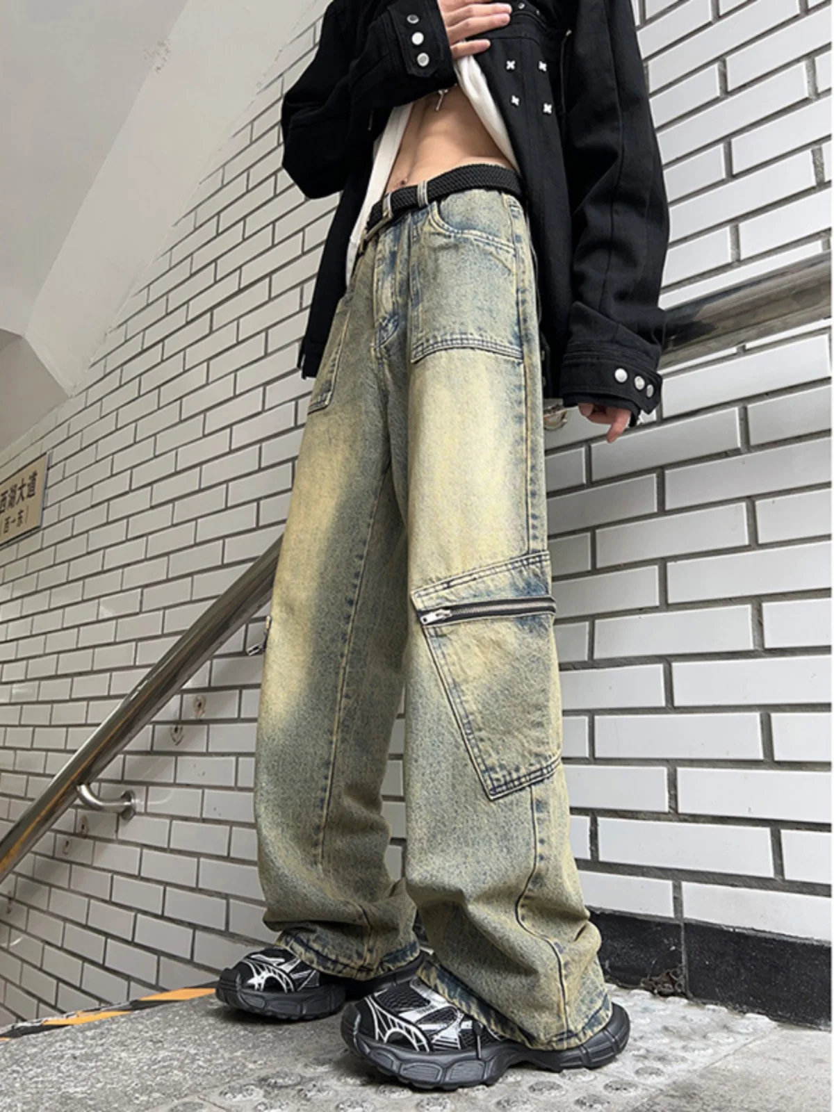 

Stretch Men's Jeans Washed Trousers Vintage Man Trousers Punk Loose Straight Retro Baggy Designer Casual Cargo Jeans W199