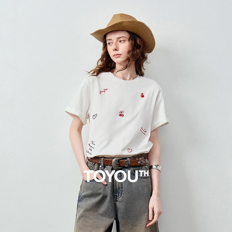 TOYOUTH Women T-shirt 2026 Summer New 100% Cotton Off-white Sweet Cool Style Heart Letter Cherry Embroidery Tops