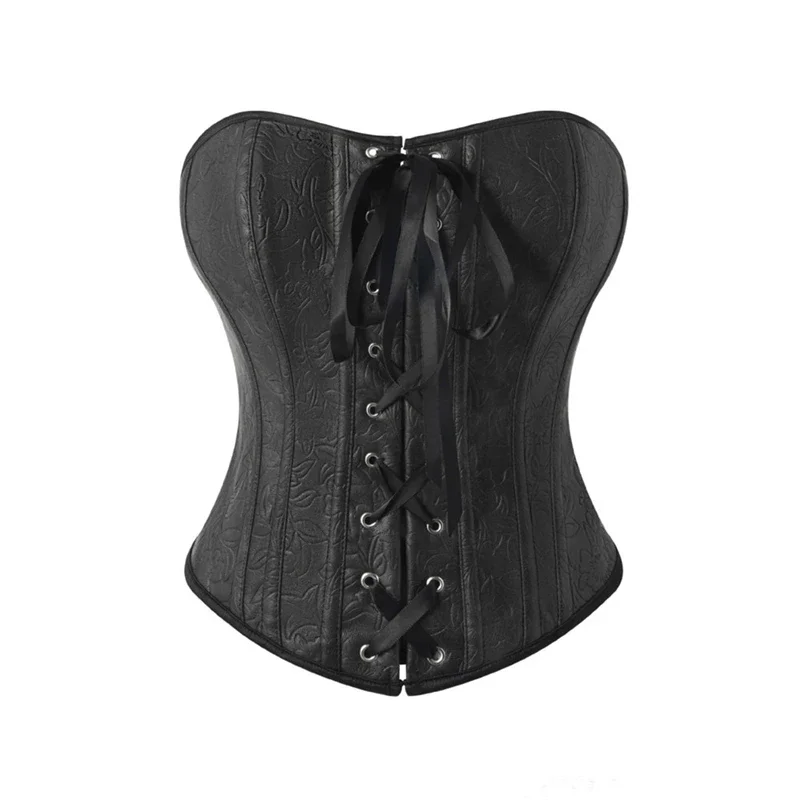 

Black Faux Leather Overbust Corset Gothic Women Front And Back Lace-up Bustier Top Body Shaper Strapless Corselet