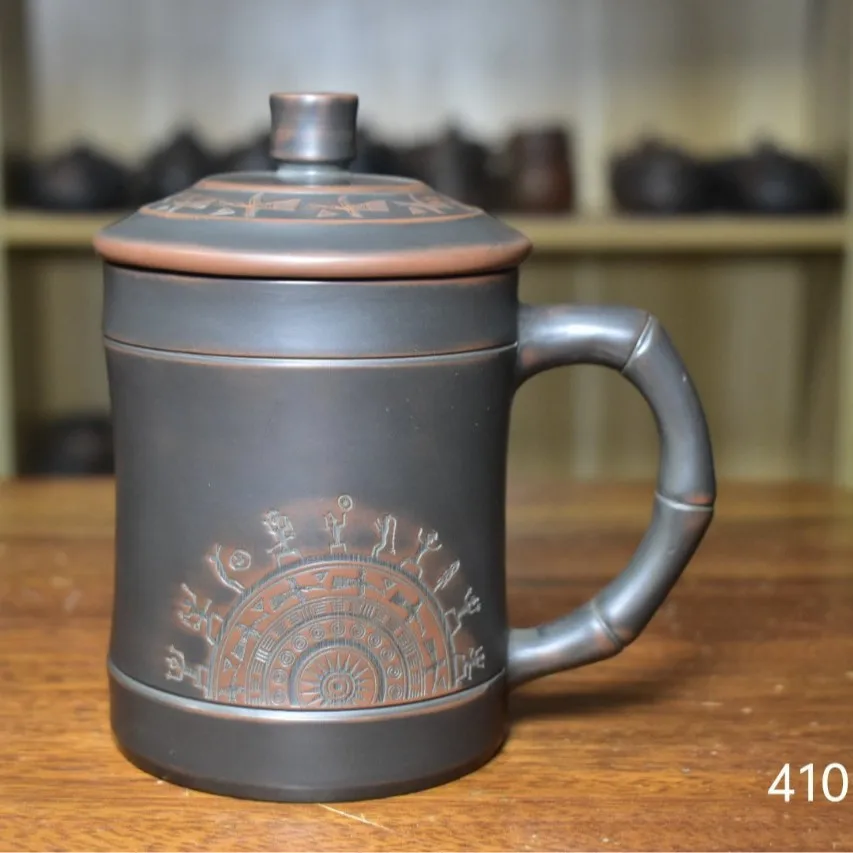 Nixing pottery water cup, Qinzhou, Guangxi, covered master cup, intangible heritage inheritance, bronze drum Huashan mural