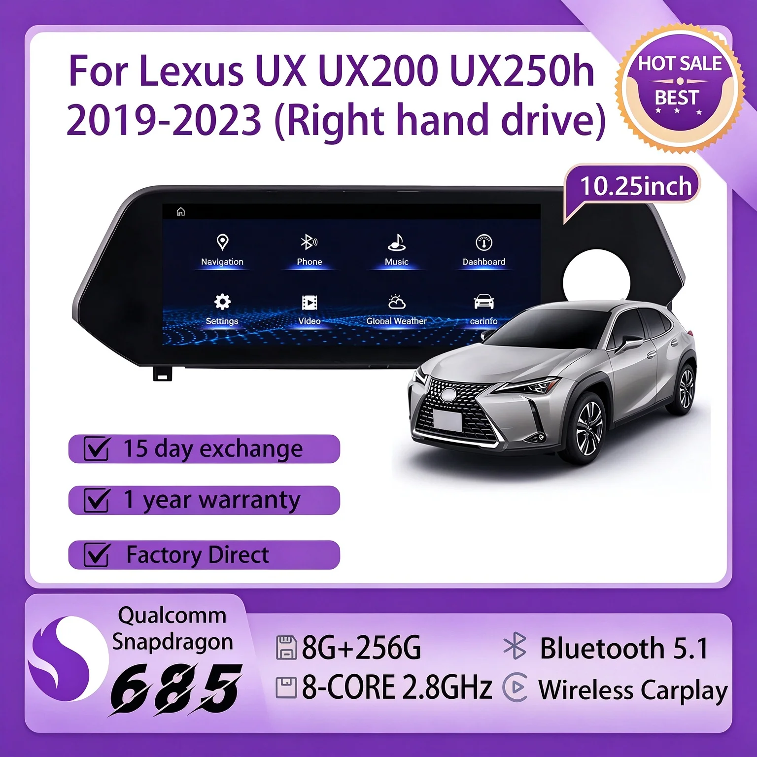 Android 14 Car Radio 10.25in Right Hand Drive for Lexus UX 2019-2023 with Carplay GPS Navigation Snapdragon 680