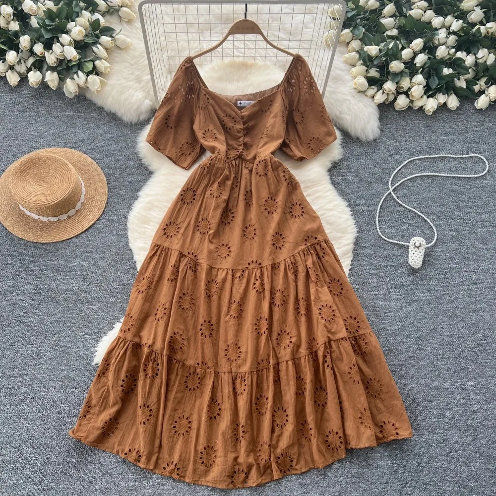 Vintage V-Neck Basics Short Sleeve Chic Hook Flower Hollow Out Embroidered Dresses French Evening Women Fashion Summer Clothing