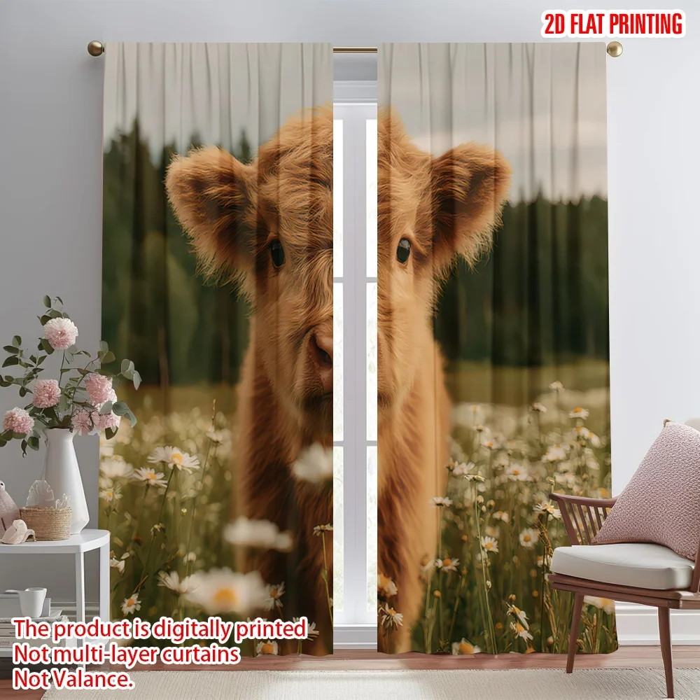 

2D flat printing 2pcs Curtain Cow in Daisy Field Digital Printed Polyester Drapes Festive Wall Decor Use for Photo Booths