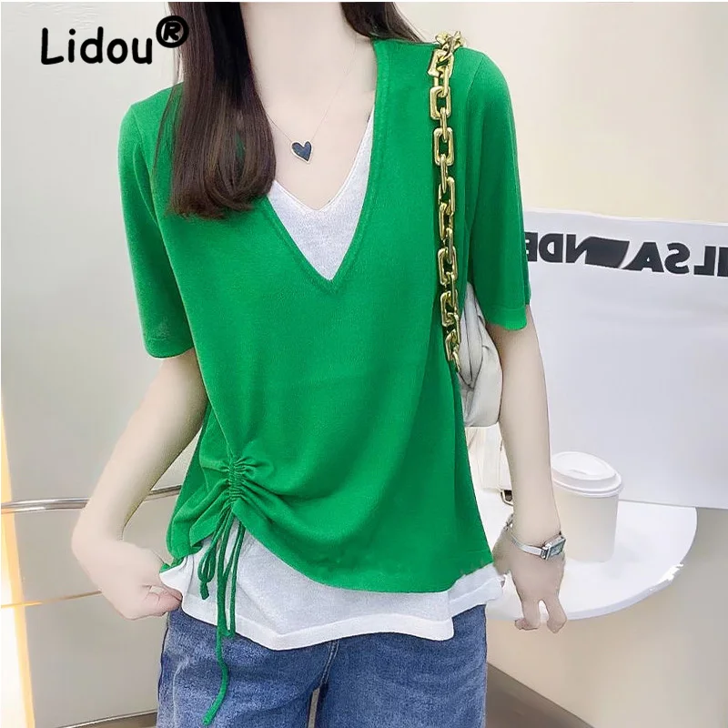 Ladies V-neck Loose Fake Two Pieces Top Tee Women Korean Casual Design Sense Summer Refreshing Cute Sweet Kint T-shirt Tunic