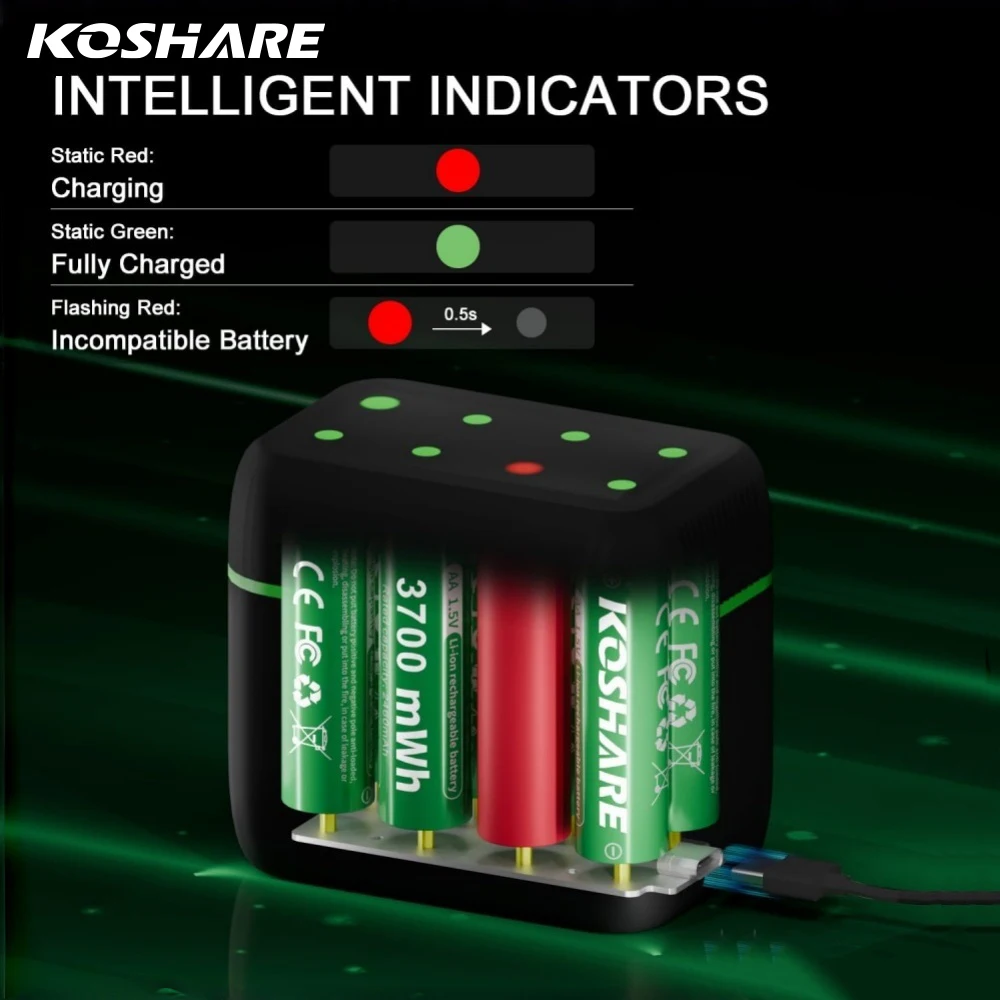 

KOSHARE Rechargeable Battery 1.5V Li-ion AA 3700mWh Lithium Battery With Charger for Camera Toys Flashlight Remote control