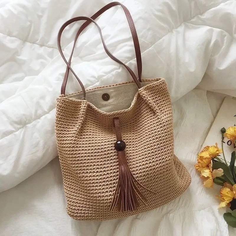 Beige Khaki Cottage Core Boho Crochet Cotton Shoulder Woven Tassel Bucket Tote Vintage Knit Hobo Bag Casual Purse for Women Girl