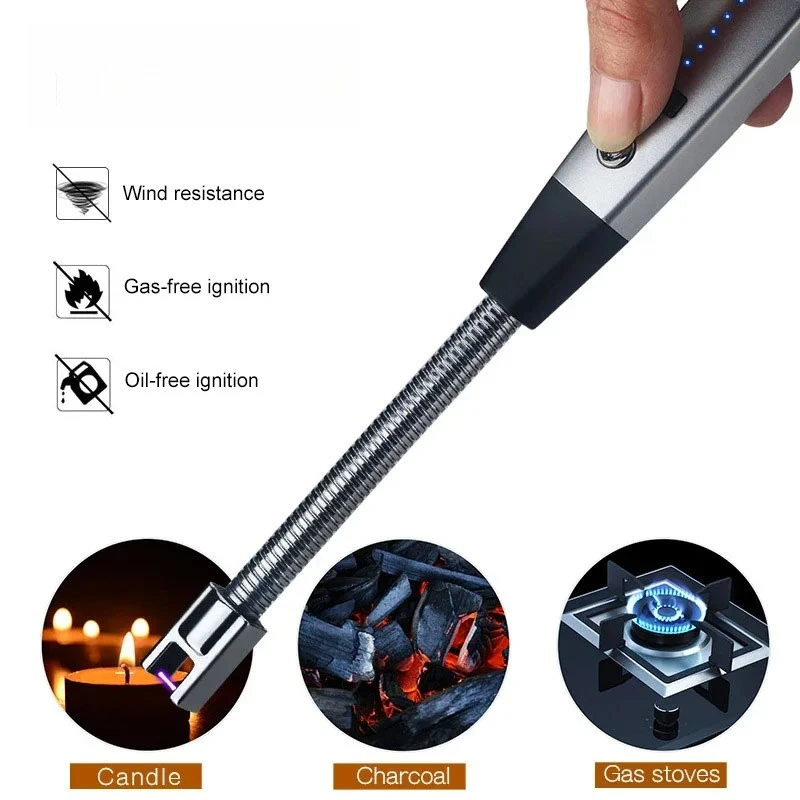 360° Metal Elbow Kitchen Lighter USB Rechargeable Portable Electronic Igniter Power Display Safety Lock Gas Stove Candle Lighter