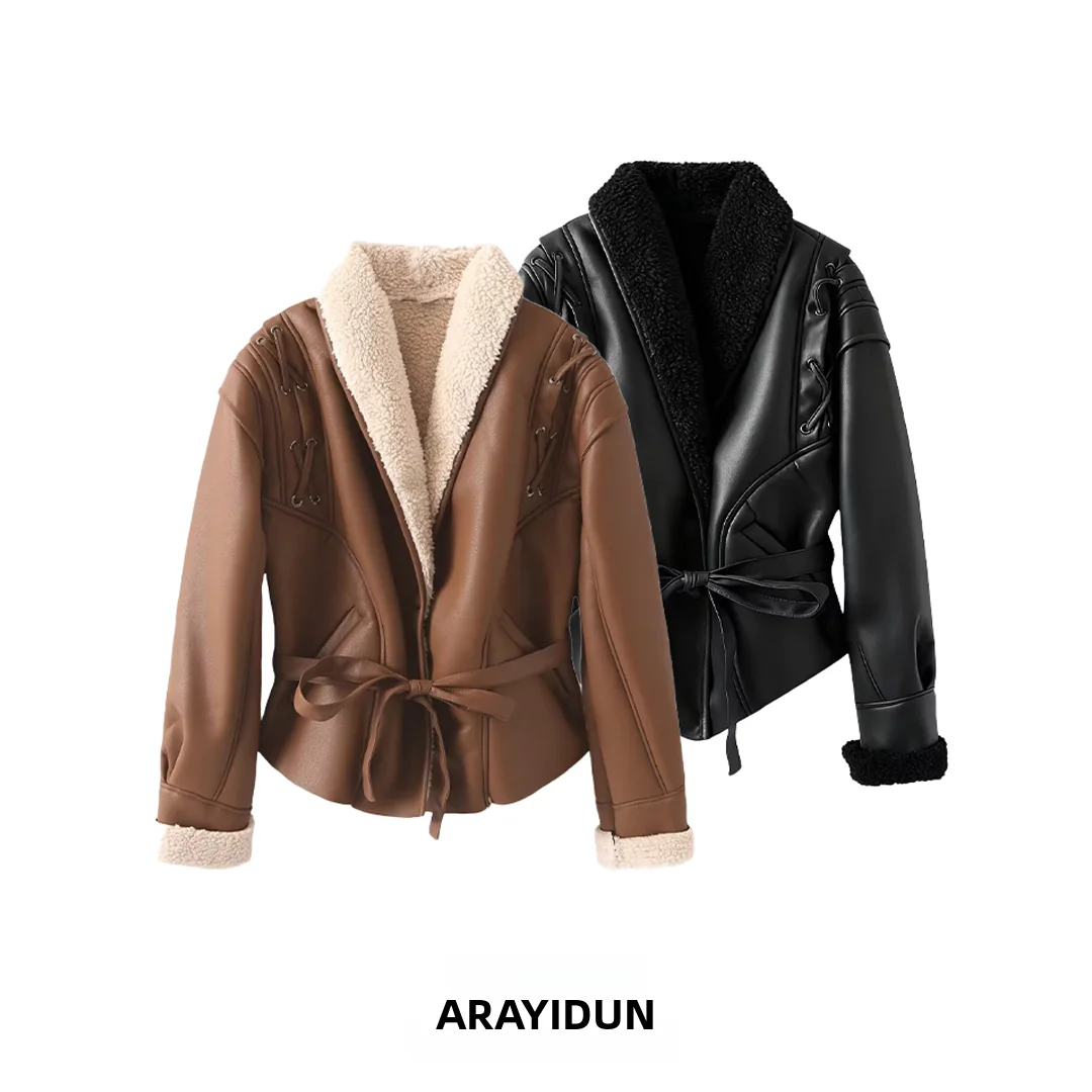 معطف نسائي من الجلد الفرو القديم مع حزام خصر للخريف وصل حديثًا بياقة فاكهة فاهيون للتنقل والرياح #1