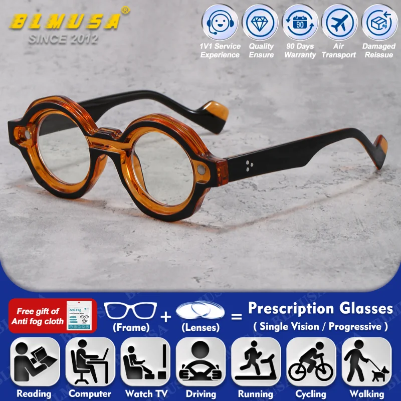 

BLMUSA (L) Trendy Round Design Photochromic Myopia Hyperopia Glasses Retro Man's Oversize Frame Progressive Prescription Eyeware