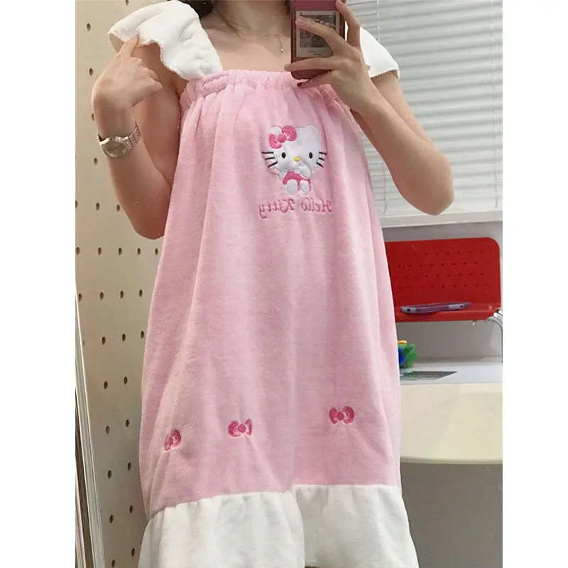 Hello Kitty Bathing Skirt Anime Cartoon Thickened Coral Bathing Skirt Female Absorbent Water Bath Towel Household Bathtowels