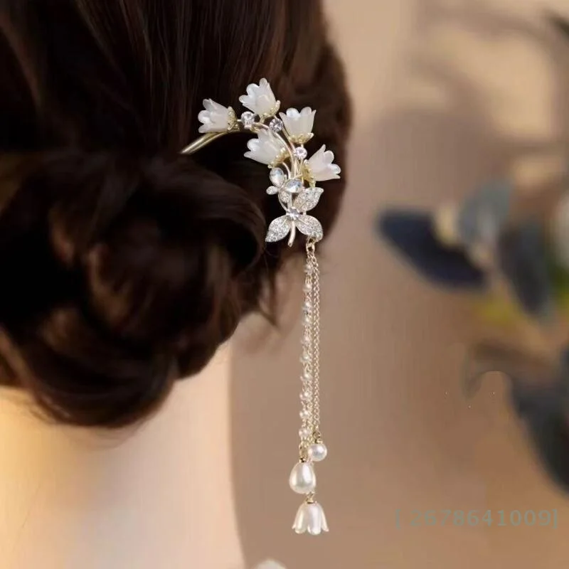 ♥Elegant Floral Hair Fork - Crystal & Pearl Tassel Hairpin for Bun Updo & Formal Occasions|〔YY33〕 view 3