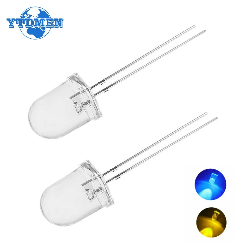 10/20PCS F10 Diodo LED 10mm Trasparente Ultra Luminoso Rotondo Diodi Emettitori di Luce Lampada 2 Colori Blu Giallo 20mA